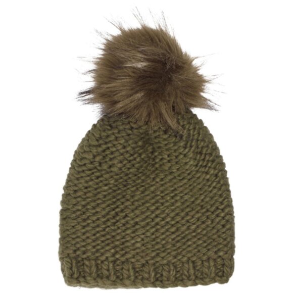 Macy's Women's Faux Fur Pom Reverse Jersey Knit Beanie Cozy Olive One Size NWT - Picture 1 of 4